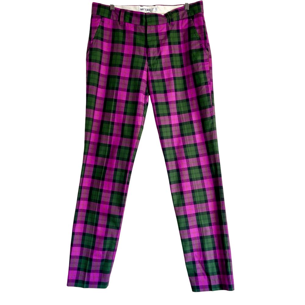 Vibrant Pink and Green Chinos with Classic Plaid Design